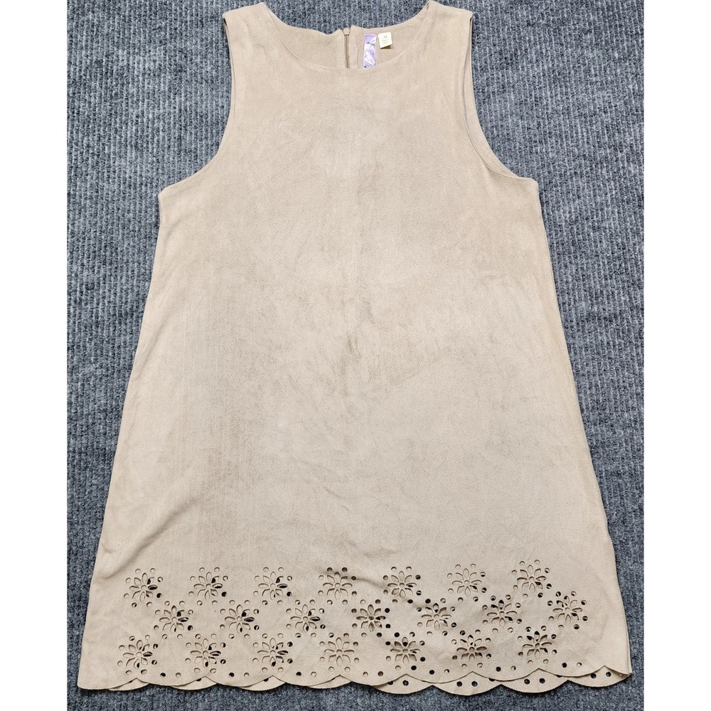 Alya Tan Faux Suede Laser Cut Floral Eyelet Hem Shift Dress Beige Medium
